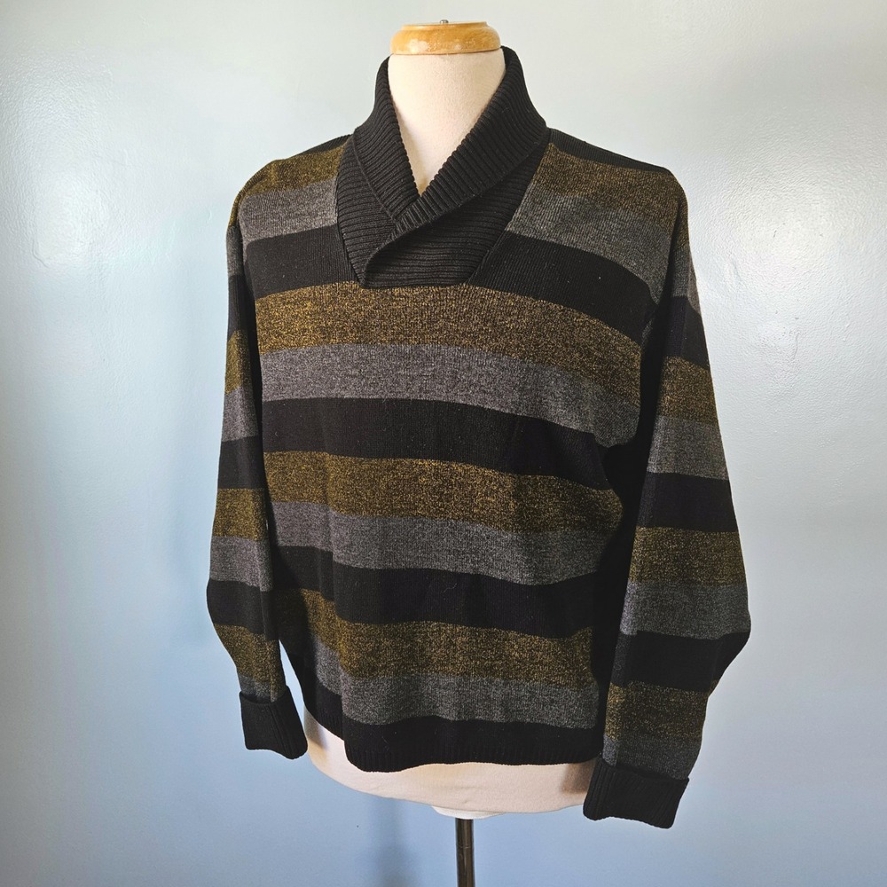Vtg 50s Byford Pure Wool Sweater Mens Large Made in England Shawl Collar Striped